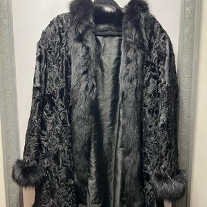 Astrakhan long coat with rabbit collar and sleeves